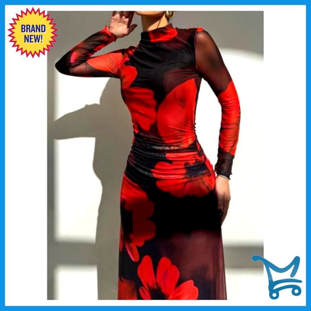Floral Maxi Dress Elegant Long Sleeve Ruched A-Line Wedding Guest Holiday - Picture 5 of 7